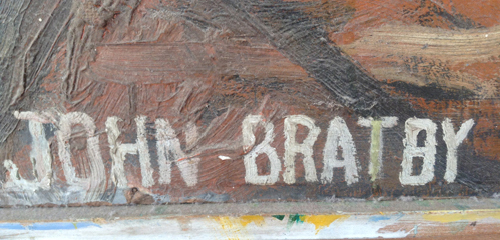 'John Bratby' in bold characters at the bottom of an uncleaned painting