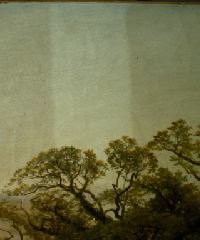 Aged landscape painting, with a section of, lighter, surface cleaned sky.